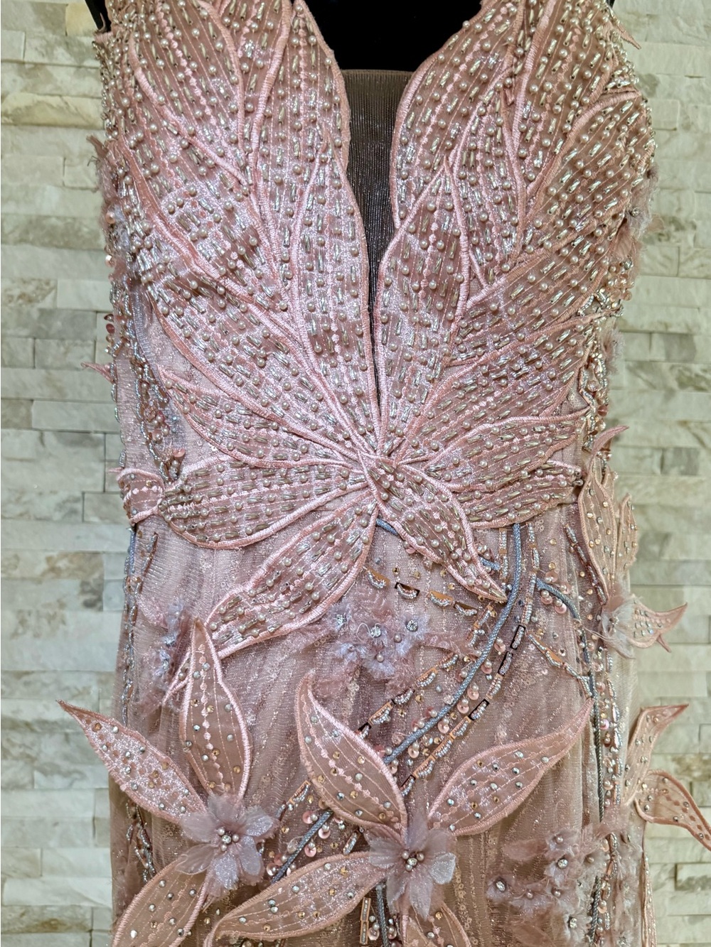 Terani Couture Blush Pink Beaded Floral Mermaid Evening Dress - Picture 14 of 15